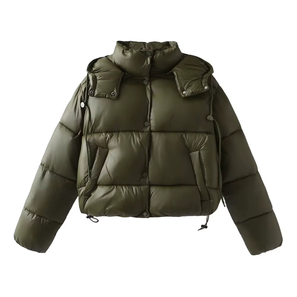 Autumn/Winter New Product Women'S Standing Neck Hooded Long Sleeve Side Pocket Short Cotton Coat Jacket