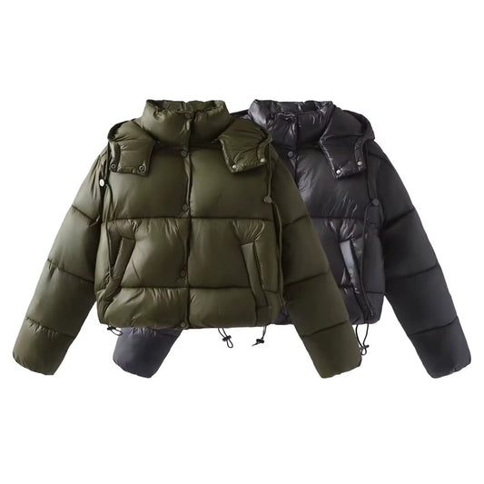 Autumn/Winter New Product Women'S Standing Neck Hooded Long Sleeve Side Pocket Short Cotton Coat Jacket