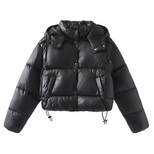 Autumn/Winter New Product Women'S Standing Neck Hooded Long Sleeve Side Pocket Short Cotton Coat Jacket